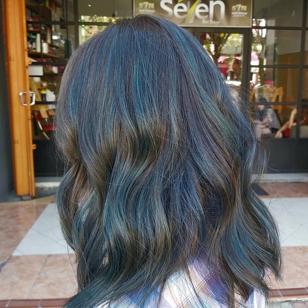 Iridescent Blue Black Hair Color for Long Hair