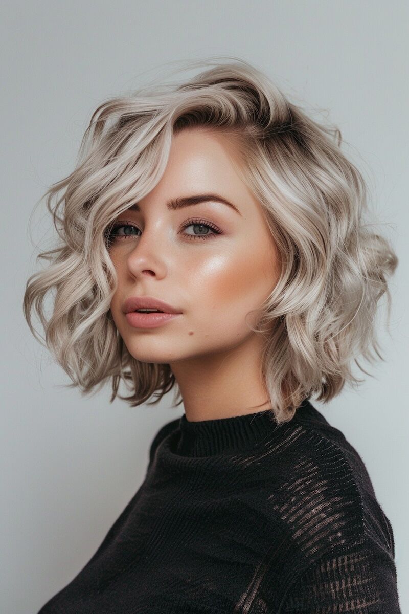 a photo of a woman with Ashen Blonde Hair Color on a Curly Side-Swept Bob